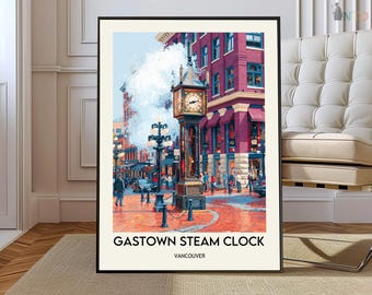 Gastown Steam Clock Vancouver Poster, Historic Canada City Wall Art, Scenic Urban Landmark Illustration