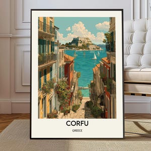 May include: A framed art print featuring a colorful illustration of Corfu, Greece. The artwork depicts a coastal scene with buildings, a bridge, sailboats, and a fortress. The word "CORFU" is printed in bold letters at the bottom, with "GREECE" below it.