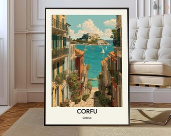 May include: A framed art print featuring a colorful illustration of Corfu, Greece. The artwork depicts a coastal scene with buildings, a bridge, sailboats, and a fortress. The word "CORFU" is printed in bold letters at the bottom, with "GREECE" below it.