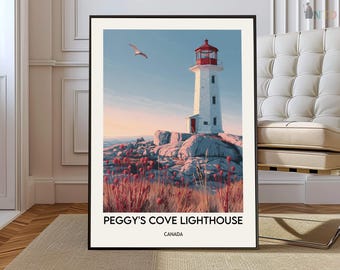 Könnte beinhalten: Ein gerahmter Kunstdruck mit einem weißen Leuchtturm mit roter Spitze auf felsigem Gelände in Peggy's Cove, Kanada. Das Bild zeigt einen fliegenden Vogel vor einem sanften Himmel, rote Wildblumen im Vordergrund und den Text PEGGY'S COVE LIGHTHOUSE CANADA.
