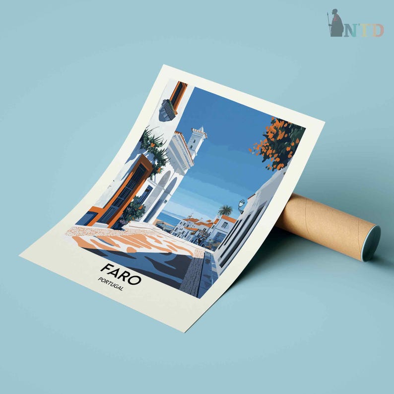 May include: A colorful illustration of a street scene in Faro, Portugal. The image features white buildings with orange accents, a blue sky, and a cobblestone street.