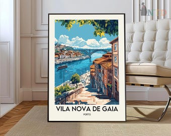 May include: A framed art print depicting Vila Nova de Gaia, Portugal. The illustration shows a river scene with buildings, a bridge, and a boat. The print has a black frame and features the text "Vila Nova de Gaia, Porto".