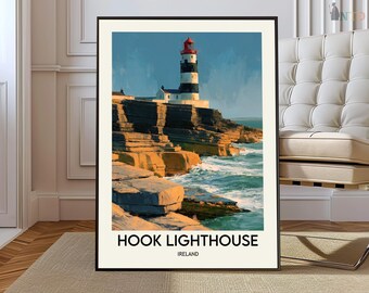 Hook fyr Irland affischtryck, County Wexford kustväggkonst, historisk fyr resedekoration gåva