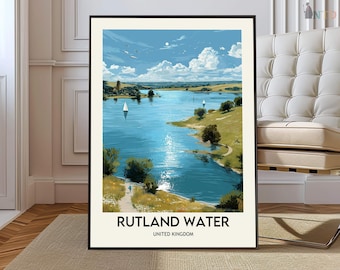 Rutland Water England-poster, schilderachtig landschap aan de muur meer, Rutland natuurlandschap illustratie
