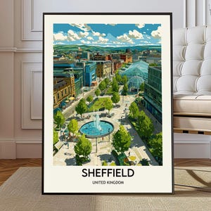 Affiche de Sheffield, oeuvre d&#39;art murale de Sheffield, impression de Sheffield, photo de Sheffield, Sheffield Angleterre Royaume-Uni, voyage Sheffield, ville de Sheffield, Sheffield Royaume-Uni