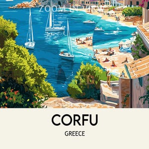 May include: A colorful painting of a seaside town in Corfu, Greece. The painting features a view of the town from a hillside, with boats in the water and people on the beach. The text "CORFU GREECE" is at the bottom of the painting.