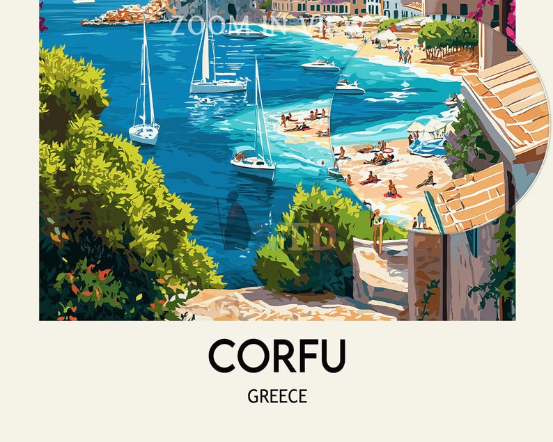 May include: A colorful painting of a seaside town in Corfu, Greece. The painting features a view of the town from a hillside, with boats in the water and people on the beach. The text "CORFU GREECE" is at the bottom of the painting.