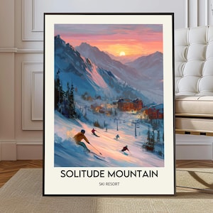 May include: A framed art print of a mountain ski resort at sunset. The artwork features skiers on a snowy slope, with a vibrant orange and pink sky. The text "SOLITUDE MOUNTAIN SKI RESORT" is printed at the bottom.