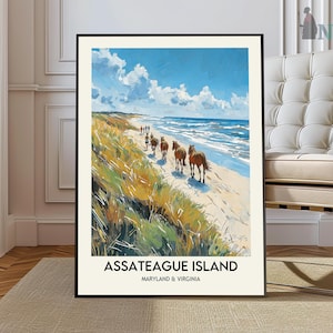 Impressão do litoral nacional da ilha de Assateague, cavalos selvagens e gaivotas na praia, pôneis de Chincoteague, pôster de viagem de Maryland e Virgínia