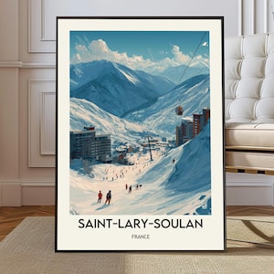 Saint-Lary-Soulan Ski Resort France Poster, French Pyrenees Alpine Ski Wall Art, Aure Valley Winter Landscape Illustration