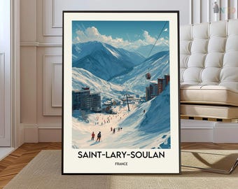 Saint-Lary-Soulan Ski Resort France Poster, French Pyrenees Alpine Ski Wall Art, Aure Valley Winter Landscape Illustration