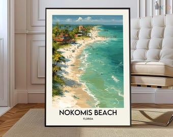 Nokomis Beach Florida poster print, kunst aan de muur Gulf Coast, Casey Key Shore kaart decor, kust reizen illustratie cadeau