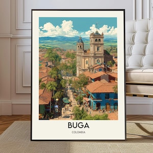Może przedstawiać: Oprawiony wydruk artystyczny przedstawiający żywą ilustrację Buga, Kolumbia. Grafika przedstawia szczegółowy krajobraz miejski z charakterystycznym kościołem, czerwonymi dachówkami i bujnymi zielonymi drzewami pod błękitnym niebem z puszystymi chmurami. Słowa "BUGA" i "COLOMBIA" są wydrukowane na dole.