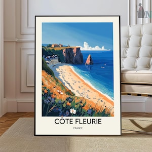 May include: A vintage travel poster featuring a scenic coastal landscape with a beach, cliffs, and blue water. The poster has the text "Côte Fleurie" and "France" at the bottom.