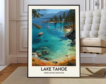 Póster impreso del lago Tahoe, Sierra Nevada, California, Nevada. Arte mural de lago y montaña. Mapa panorámico decorativo. Impresión artística del lago Tahoe.