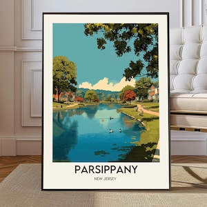 Puede incluir: Un póster vertical enmarcado que presenta una ilustración estilizada de un lago en Parsippany, Nueva Jersey. La escena muestra un lago azul con patos, rodeado de árboles verdes, casas y un cielo despejado. El texto dice PARSIPPANY NEW JERSEY.