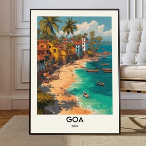 May include: Framed art print of Goa, India, featuring a vibrant coastal scene. The artwork depicts colorful buildings, palm trees, a sandy beach, and boats on turquoise water under a blue sky. The word "GOA" and "INDIA" are printed at the bottom.