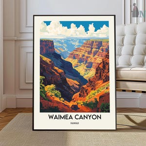 May include: A vintage travel poster featuring a colorful illustration of Waimea Canyon in Hawaii. The poster has a black frame and the text "Waimea Canyon, Hawaii" at the bottom.