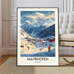 Cartel de la estación de esquí de Mayrhofen, arte de la pared de la estación de esquí de Mayrhofen, impresión de la estación de esquí de Mayrhofen, foto de esquí de Mayrhofen, estación de esquí de Mayrhofen Austria