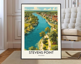 Stevens Point Wisconsin Poster, Central Wisconsin College Town Wall Art, Scenic Midwest Landscape Illustration