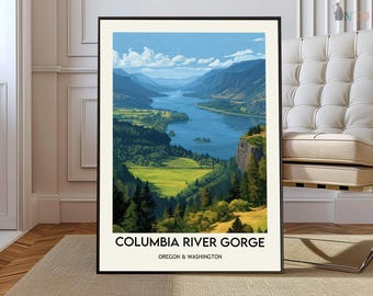 Columbia River Gorge Poster, Oregon Washington Waterfall Canyon Wall Art, Scenic Pacific Northwest Landscape Illustration