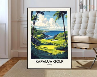 May include: A framed art print of a golf course scene. The artwork depicts a lush green golf course with palm trees, ocean, and blue sky. The text "KAPALUA GOLF HAWAII" is printed at the bottom of the image.
