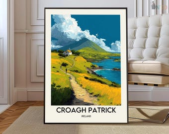 Poster di Croagh Patrick, Irlanda, arte murale della Sacra Montagna della Contea di Mayo, illustrazione di un suggestivo paesaggio atlantico.
