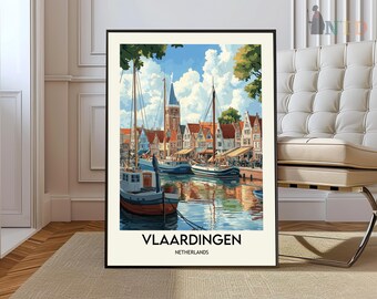 May include: A framed art print of Vlaardingen, Netherlands, featuring a harbor scene with sailboats and buildings. The artwork has a vintage style with a vibrant color palette of blues, reds, and greens. The text "VLAARDINGEN NETHERLANDS" is displayed at the bottom.