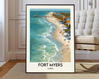 Peut inclure: Une affiche encadrée de Fort Myers, en Floride, représentant une scène de plage avec une eau turquoise, une jetée et des bâtiments colorés. L'affiche comprend le texte "FORT MYERS" et "FLORIDA" en gras, en police sans-serif.