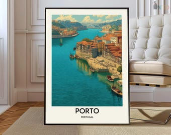 Porto Portugal Poster Druck, Ribeira Skyline und Fluss Duero Wandkunst, Vintage Stadtbild Dekor, Europäisches Reisegeschenk