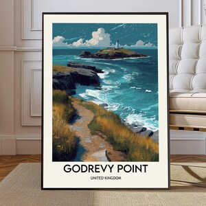 Pôster de Godrevy Point, Cornualha, com vista para o farol e a costa da Baía de St. Ives, decoração de mapa panorâmico, ilustração de viagem para presente.