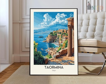 May include: A framed print of a painting depicting a coastal town in Italy. The painting shows a view of the town from a cliff overlooking the sea. The town is built on the side of a hill and has a mix of old and new buildings. The sea is a bright blue and the sky is a clear blue with white clouds. The painting is titled "Taormina, Italy".