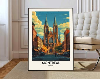Op de afbeelding: Een vintage reisposter met een kleurrijke illustratie van een kerk in Montreal, Canada. De poster heeft een zwarte lijst en de tekst "Montreal, Canada" onderaan.