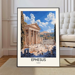 Puede incluir: Un póster de estilo vintage con una fotografía de las ruinas de Éfeso, una antigua ciudad griega en Turquía. El póster tiene un marco negro y el texto "EPHESUS TURKEY" en la parte inferior.