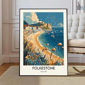 May include: A vintage travel poster featuring a colourful illustration of Folkestone, England. The poster depicts a seaside town with a white cliff, blue water, and boats. The text "Folkestone, England" is printed at the bottom of the poster.