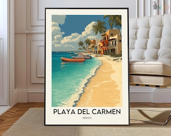 Póster de Playa del Carmen, México, Arte mural de la Riviera Maya, Ilustración de paisaje costero caribeño