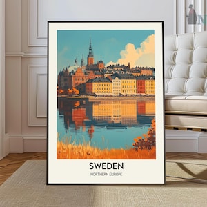 May include: A vintage travel poster featuring a colorful illustration of the Stockholm skyline with the text "SWEDEN, NORTHERN EUROPE".