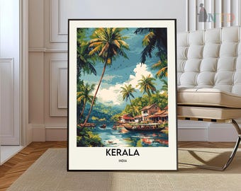 May include: A framed art print depicting a tropical scene in Kerala, India. The artwork features lush green palm trees, a river with boats, and traditional houses. The sky is a mix of blue and white, and the word "KERALA" is printed at the bottom.