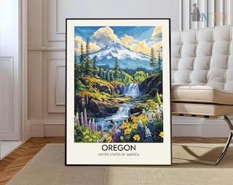 Puede incluir: Un póster de viaje de estilo vintage que presenta un paisaje escénico de una cascada que cae por la ladera de una montaña en Oregón, Estados Unidos de América. El póster tiene una combinación de colores azul, verde y marrón con un bosque verde vibrante y un cielo azul brillante.