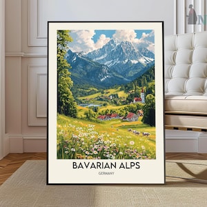 Póster de los Alpes bávaros, impresión de viaje a Alemania, decoración alemana, póster de viaje a Europa, arte mural europeo, póster de viaje a los Alpes bávaros