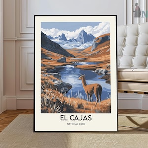 May include: Framed art print featuring a scenic landscape of El Cajas National Park. The artwork depicts a llama standing near a lake, with mountains in the background. The color palette includes shades of blue, orange, and brown. Text at the bottom reads "EL CAJAS NATIONAL PARK."