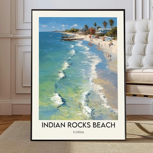 May include: A framed art print of Indian Rocks Beach, Florida. The painting depicts a sunny beach scene with turquoise water, white waves, and a sandy shore. Palm trees and buildings line the coast under a blue sky. The text "INDIAN ROCKS BEACH FLORIDA" is at the bottom.
