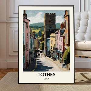 Póster de Totnes, Inglaterra, ciudad histórica de Devon y río Dart, arte mural, mapa panorámico de la ciudad, ilustración de viaje