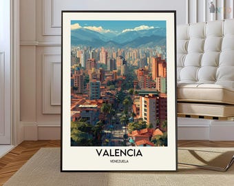 May include: A framed art print featuring a vibrant cityscape of Valencia, Venezuela. The artwork showcases a detailed illustration of buildings, streets, and palm trees under a blue sky with mountains in the background. The word "VALENCIA" is printed at the bottom.