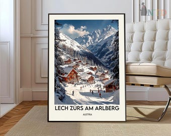 Lech am Arlberg Reiseposter Österreich Berg Skifahren Wandern デジタル ダウンロード Selbstausdruck Geschenk Winterurlaub ポスター印刷可能 Wallart