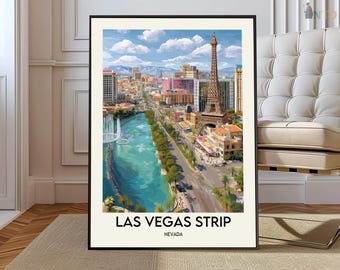 May include: A framed art print of the Las Vegas Strip in Nevada. The artwork depicts a vibrant cityscape with the Eiffel Tower replica, a blue river, and various buildings under a blue sky with clouds. The text "LAS VEGAS STRIP NEVADA" is at the bottom.