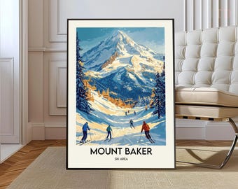 Puede incluir: Una impresión artística enmarcada con una vibrante ilustración de la zona de esquí de Mount Baker. La obra representa a esquiadores en una ladera nevada con una majestuosa montaña de fondo. La impresión incluye el texto "MOUNT BAKER SKI AREA".
