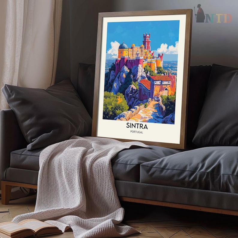 May include: A colorful illustration of Pena National Palace in Sintra, Portugal. The palace is perched on a hilltop with a winding path leading up to it. The sky is blue with white clouds.