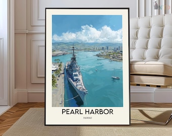 Pearl Harbor Hawaii Poster, USS Arizona Memorial Wall Art, Historic WWII Harbor Landscape Illustration