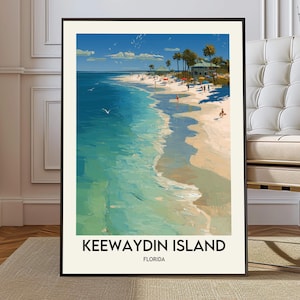 Puede incluir: Una impresión artística enmarcada de Keewaydin Island, Florida. La obra de arte representa una vibrante escena de playa con agua turquesa, arena blanca y palmeras bajo un cielo azul. El texto "Keewaydin Island Florida" está en la parte inferior.